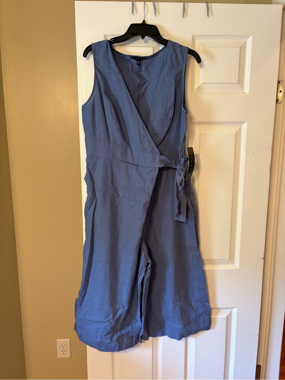 Tiana B Wrap Jumpsuit Blue Sleeveless Tie Waist Wide Leg Cropped Casual